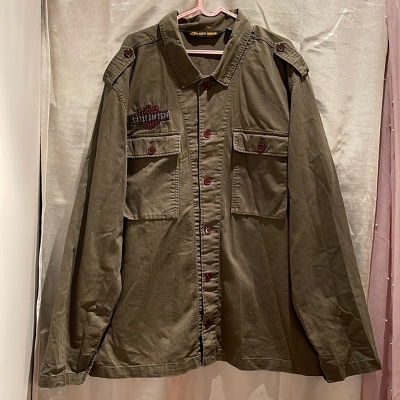 Harley Davidson Military Style Canvas Button Up - Picture 2 of 6